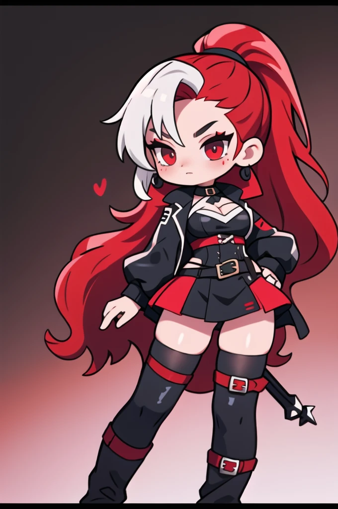 Rogue human woman, with red hair and black streaks, long high ponytail, white corset, black mini skirt, black thigh high boots, black jacket.