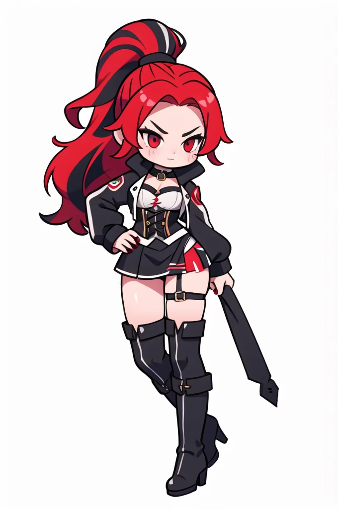 Rogue human woman, with red hair and black streaks, long high ponytail, white corset, black mini skirt, black thigh high boots, black jacket.