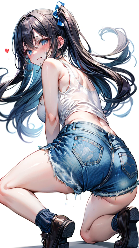 (Best quality, 8k, 32k, Masterpiece, UHD,:1.2),RAW, 1girl,ultra cute , natural lighting,transparent shining eyes, 20yo ,fair complexion, (ecstasy:0.8) ,(slut:0.8), (vulgarity:0.8), (fucked silly:0.8),(steam:0.8),(trembling:1.3)),((tank top, denim short pants, )) ,From Behind and Below, ass focus, squatting, White background, Cowboy shot, medium breast,