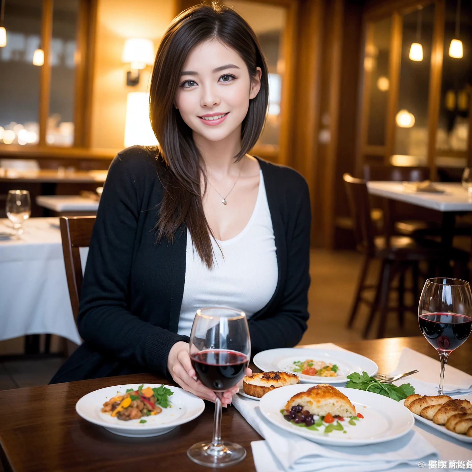 ((Highest quality、8K、masterpiece:1.3))、slimカップル、modelカップル、(Realistic, Intricate details:1.2), full-course dinner、Wine Party、Amazing view of the sunset sky and clouds、A bright smile、The wonderfulness of smile、Bright image、The beauty of wine, Beautiful Face, blue eyes, The light shines on your face, Blushing, short hair,Bright Face、 (Age 37), 39 years old, red wine 、Appetizers、Italian food、Wine bottle、Champagne、sparkling wine、Two beauties、Brown Hair、Shortcuts、Long sleeve shirt、dress、Beautiful woman 1, (slimな顔), (The body is slim), (Brown Hair), (Shortcuts), cheeks turn a little red,Attractive beauty、restaurant, In a prominent place (From the waist up) Nova Frog Style, actress, model, Upper Body, White wine, slim, wine glass, 中央に置かれたwine glass, smile, (smile: 1.15), Beautiful fine grain, Depth f/2,saturation, High Contrast, Strong light and shadow,Moist Body:1.5、3D texture、Delicate eyes、Brown Hair、The hair is very shiny、