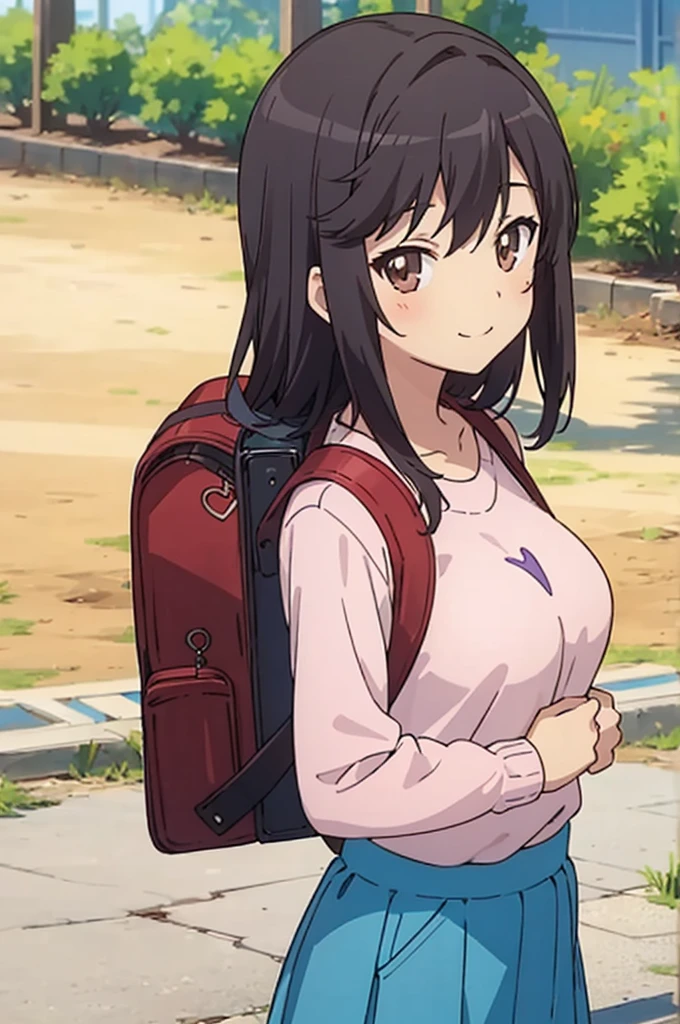 nonhotaru,looking_at_viewer,smile,nature,shirt,skirt,backpack,randoseru,sweater,big breasts