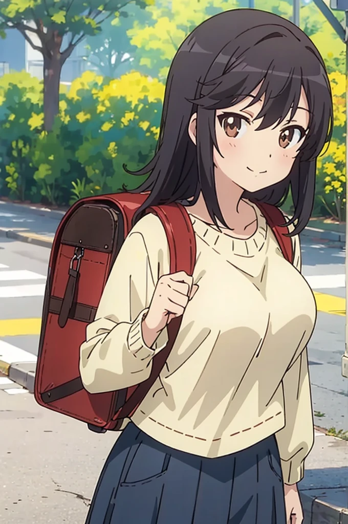 nonhotaru,looking_at_viewer,smile,nature,shirt,skirt,backpack,randoseru,sweater,big breasts