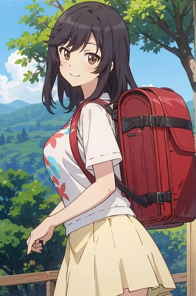 nonhotaru,looking_at_viewer,smile,nature,shirt,skirt,backpack,randoseru,sweater,big breasts