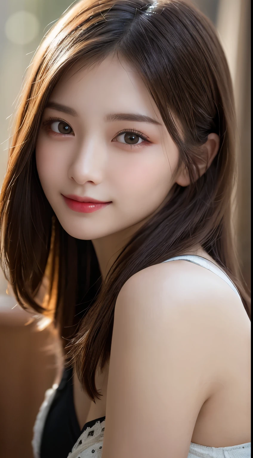 Tabletop, Highest quality, shape, Very detailed, finely, High resolution, 8K壁紙, perfect dynamic composition shape, Beautiful and detailed, Small breasts, Natural color lip,Gentle smile,20-year-old girl、Beautifully Detailed face、Perfect and beautiful face,Big eyes、Beautifully Detailed face、Perfect and beautiful double eyelids、Blur the background、Slim face and figure、Straight hair、 (masterpiece, Highest quality, Very detailed, Detailed face, 8K)、Actual Photos(Best image quality)、smile、Cyberpunk Shorts