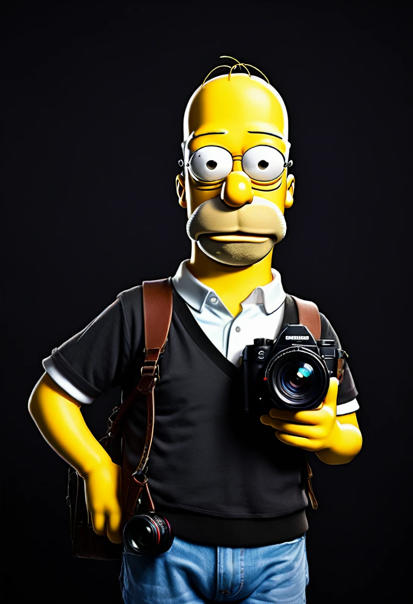 2D, Homer Simpson holding a photo camera, frontal view, full posture, solid black background