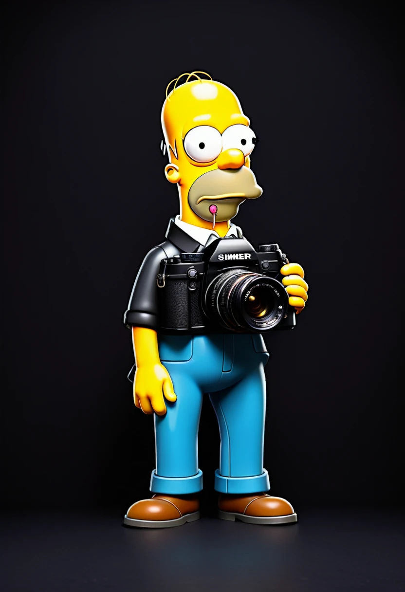 2D, Homer Simpson holding a photo camera, frontal view, full posture, solid black background