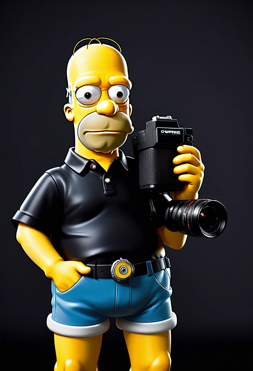 2D, Homer Simpson holding a photo camera, frontal view, full posture, solid black background