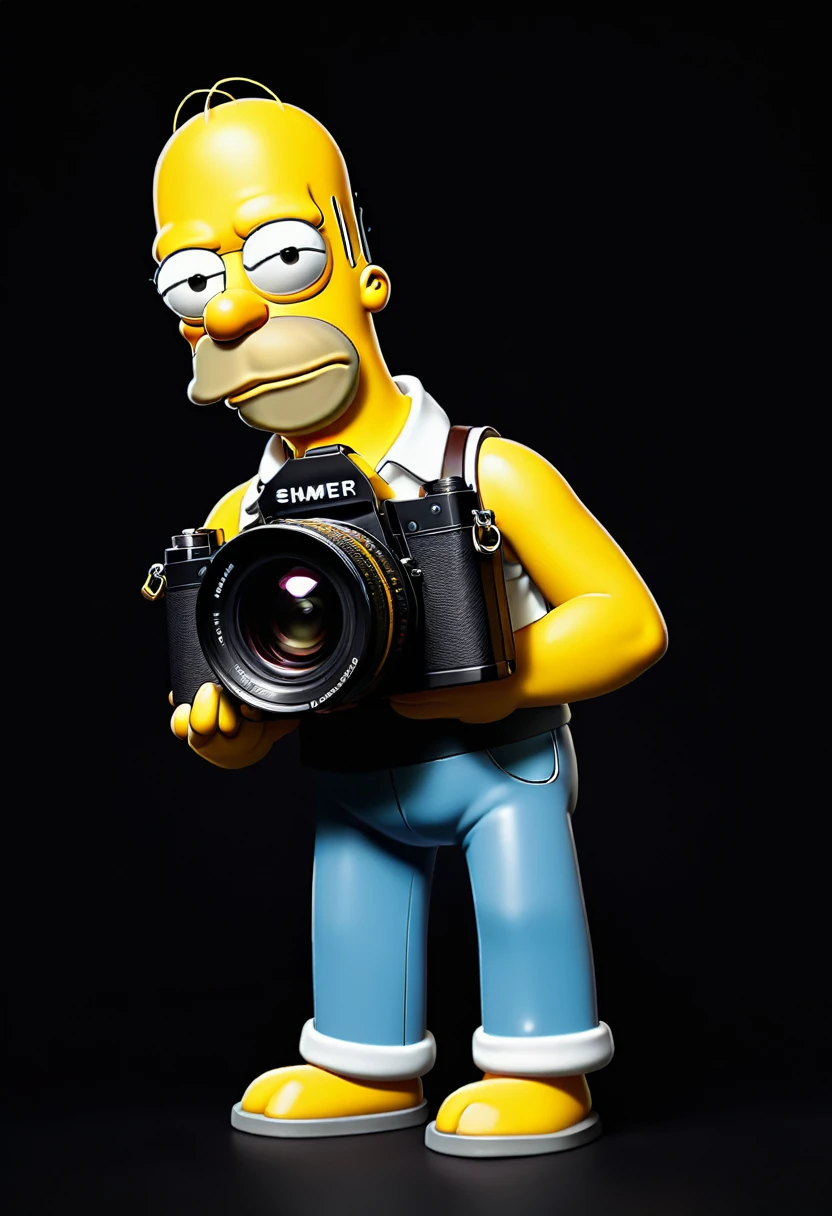 2D, Homer Simpson holding a photo camera, frontal view, full posture, solid black background