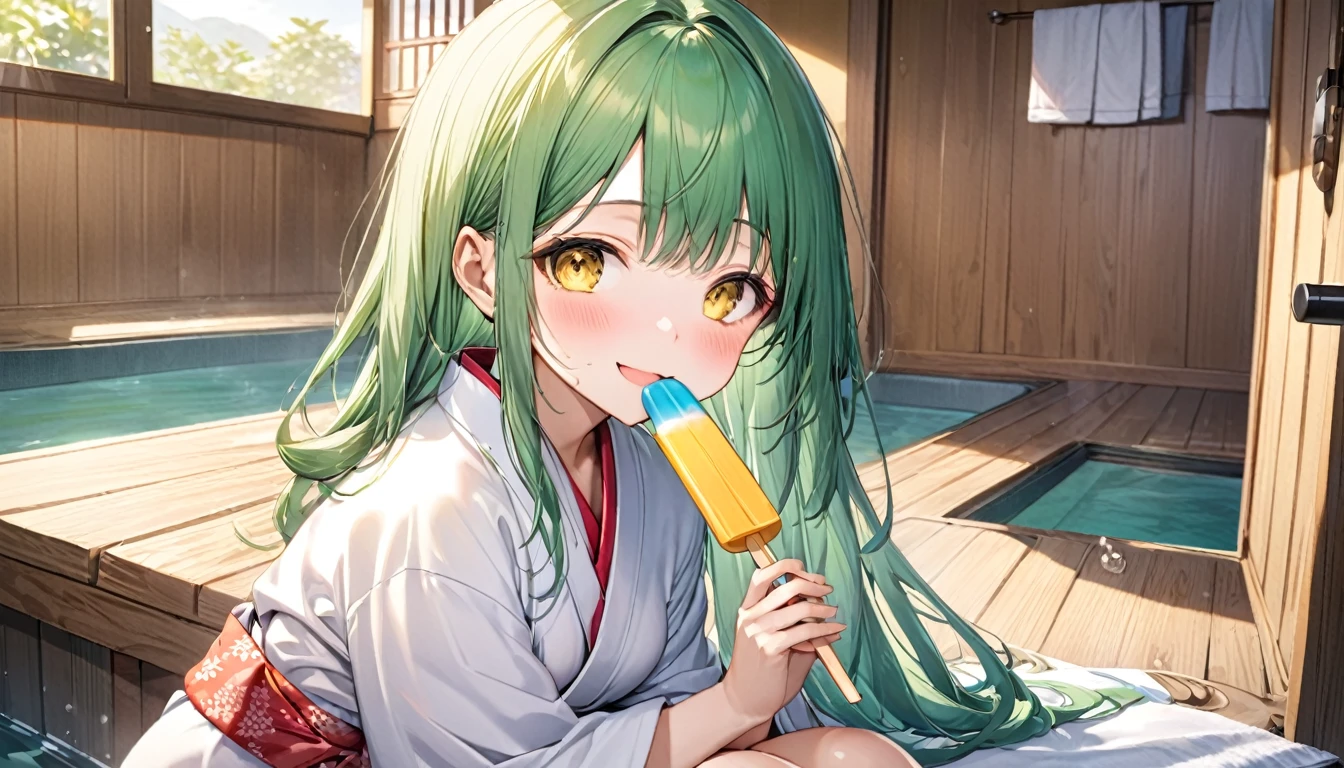 (Licking a popsicle style) (solo:2, 15 yo, wrapped in green long hair a towel,  cute girl, cute yellow eyes, love smile, medium tits), (in a cute yukata), break, (in the Rest room at a hot spring inn), BREAK, perfect anatomy, masterpiece, best quality, 16k, beautiful detailed hot, daydreaming expression.