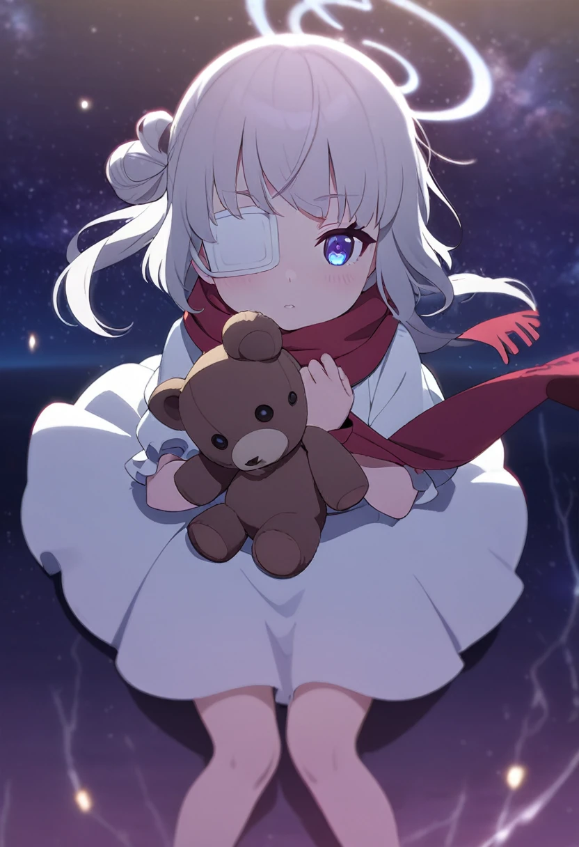 (((masterpiece))), (((best quality))),(((high detail))),light manipulation, darkness manipulation, portal manipulation, girl with silver hair, a normal eye on the left, a gradient purple to sky blue eye on the right, wearing a white dress, a red scarf, a white eyepatch on her right eye, (((loli))), (((child))) , galaxy background, holding a teddy bear, feet, no footwear