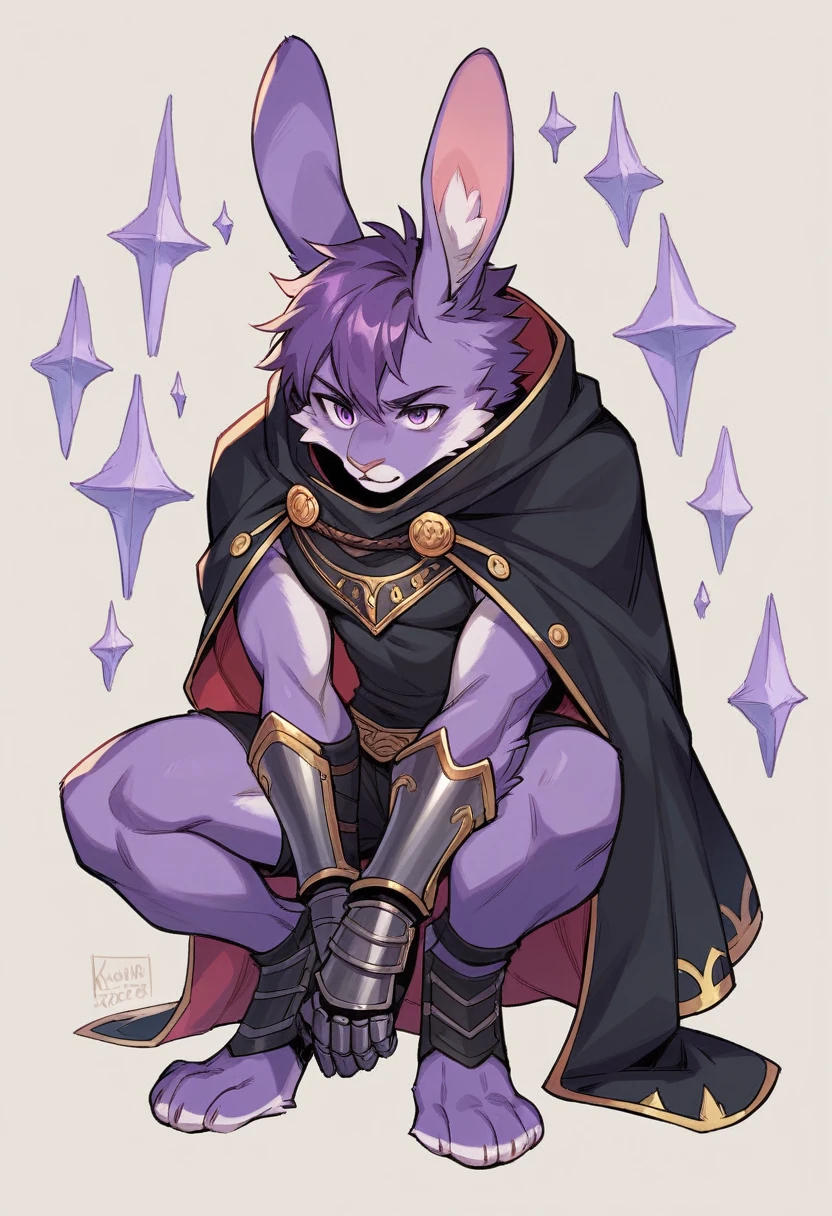create a picture of a half rabbit character with purple giant rabbit digitigrade legs with white paws, put purple rabbit ears on top of her head, make her wearing a royal looking black cloak with golden accents and black shorts with golden accents and black gauntlets with purple lights, put purple fur on her arms from her elbows down, give her short brown hair, make her legs look fluffy and furry, make her posing seductively, make it in an anime style, keep her barefoot, make her wearing a black athletic tank top underneath the cloak, make the gauntlets black
