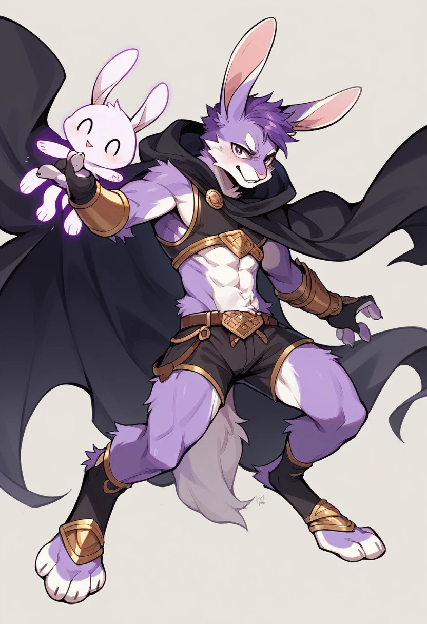 create a picture of a half rabbit character with purple giant rabbit digitigrade legs with white paws, put purple rabbit ears on top of her head, make her wearing a royal looking black cloak with golden accents and black gauntlets with purple lights, put purple fur on her arms from her elbows down, give her short brown hair, make her legs look fluffy and furry, make it in an anime style, keep her barefoot, make her wearing a black athletic tank top and black shorts underneath the cloak, make the gauntlets black
