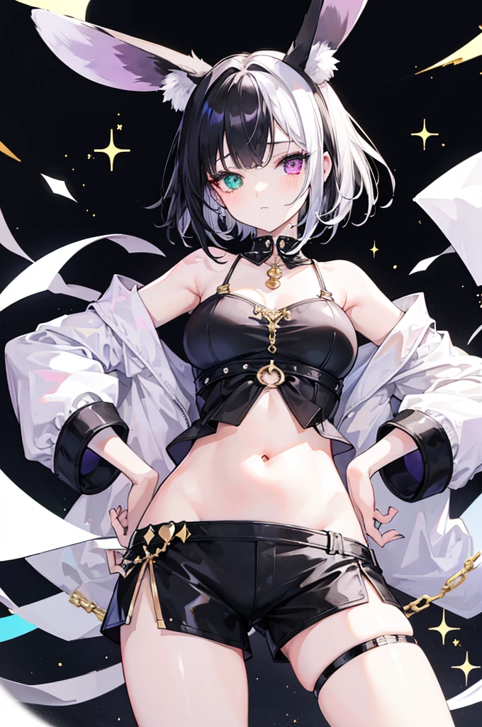 20s, one girl, white and black hair, short hair, black clothes, black nails, showing belly, shorts, gold ornaments, purple and white heterochromia, cool、He wears rabbit ears.