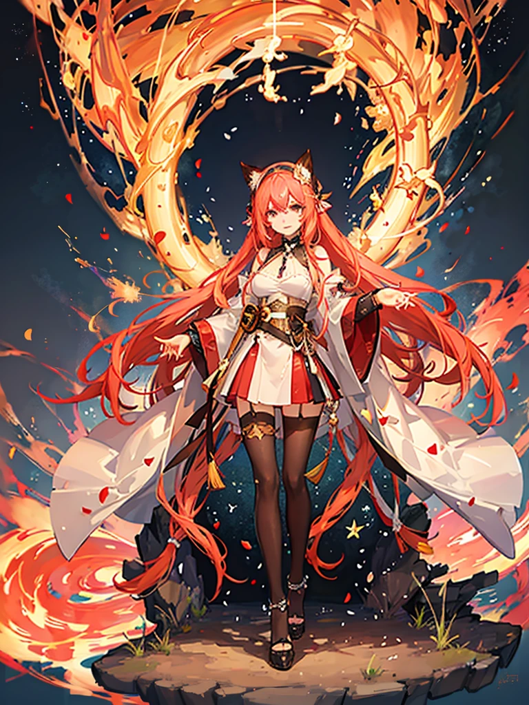 "1 person, Goddess, girl with orange hair and fox ear, red eyes, wearing red white orange kimono, Complex and gorgeous anime CGI style, , full-body fantasy of fire magic, Anime girl walking on fire, big breasts, smiling, tights, standing cross-legged, fox with her , ethereal fantasy, victorian era, fire elements, splash art, side view,solo (full HD 4K+ image)"