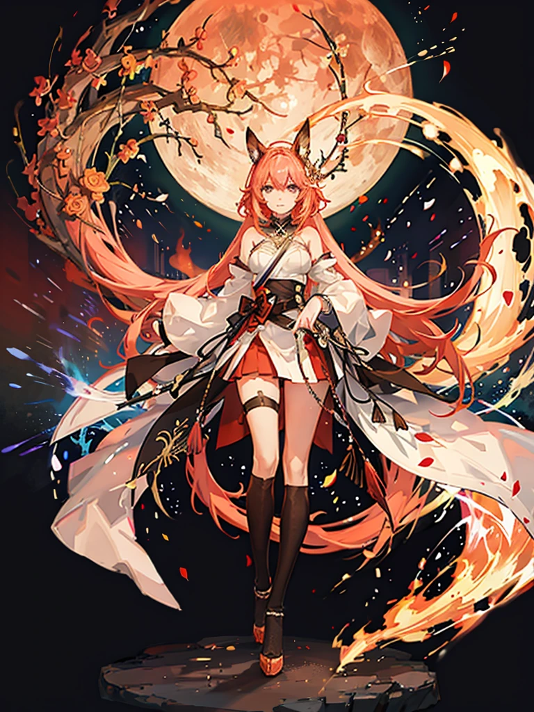 "1 person, Goddess, girl with orange hair and fox ear, red eyes, wearing red white orange kimono, Complex and gorgeous anime CGI style, , full-body fantasy of fire magic, Anime girl walking on fire, big breasts, smiling, tights, standing cross-legged, fox with her , ethereal fantasy, victorian era, fire elements, splash art, side view,solo (full HD 4K+ image)"