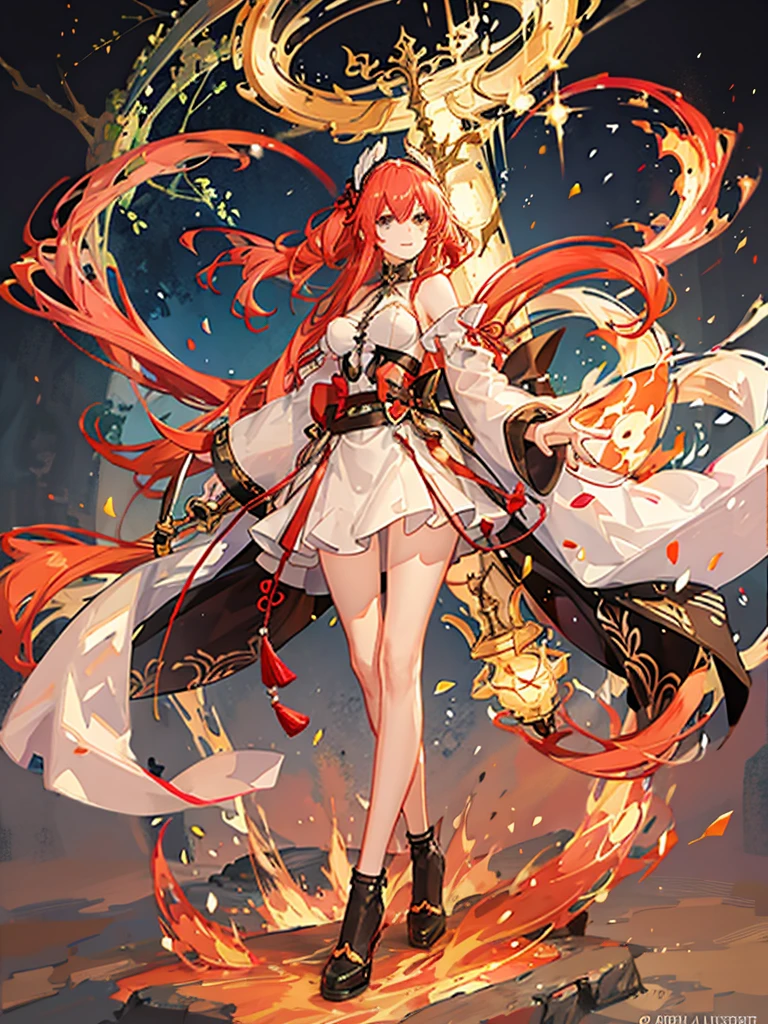 "1 person, Goddess, girl with orange hair and fox ear, red eyes, wearing red white orange kimono, Complex and gorgeous anime CGI style, , full-body fantasy of fire magic, Anime girl walking on fire, big breasts, smiling, tights, standing cross-legged, fox with her , ethereal fantasy, victorian era, fire elements, splash art, side view,solo (full HD 4K+ image)"