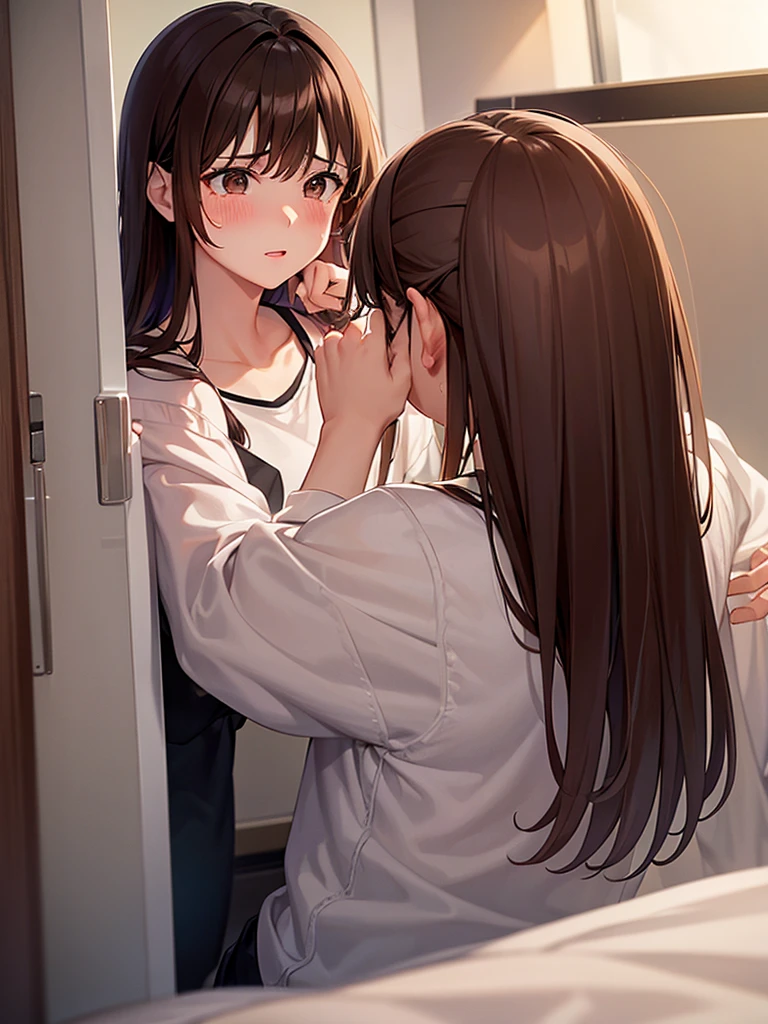 side view of a female face with forced down fellatio, giving blowjob to gloryhole
