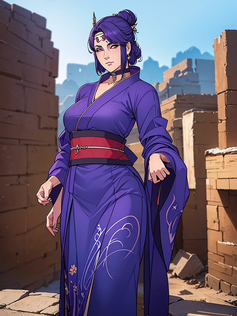 Just one girl,Best quality, 4k, high resolution, body stuck dress, perfect smile, gorgeous, light skin, ahegao face(hentai face) ,purple hair, wearing A short dark blue kimono with a darker blue obi belt and
She wears her forehead protector, 1 girl, solo, seductive look, elegance and charm, (masterpiece, best quality, high resolution), looking at the viewer, standing, (intricate and beautiful:1.2), (detailed light:1.2), (soft light, side light), (high resolution textures) , holding chain collar, outdoor, Burmese girl, wearing gorgeous jewelary, wearing harness over the outfit ,outdoor background, sun light, attractive, sexy, mature and hot, young,(masterpiece:1.3), (disorganized:1.3), (highest quality:1.3), perfect anatomy, detailed face, front view, perfect right hands, looking at viewer, (Super detailed:1.3), (best shadow:0.7), (treated hair), fine eyes, beautiful eyes, young aged woman, alone, standing, crystal earrings,closed_mouth, , outdoors,Thick thighs, arrogant face, small 