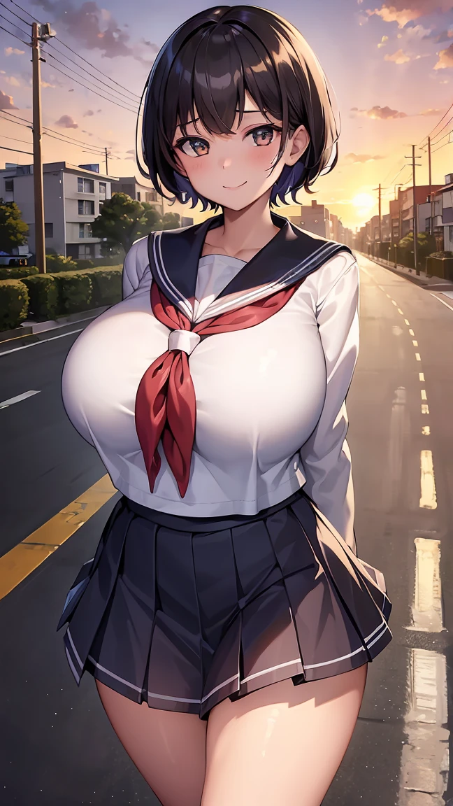 (sunset, crossing, neighborhood, schoolway :1.4), high resolution, extremely detailed CG, unity 8k wallpaper, super detailed skin, perfect anatomy, detailed, cinematic lighting, dynamic lighting, beautiful detailed eyes, black short hair, (18yo girl:1.8)(smile:1.2)、(looking at viewer:1.8), (gigantic breasts:1.4)、 (sailor uniform:1.5), (upskirt:1.2), (gleaming skin:1.2)、school,
(arms behind back, walking:1.3),