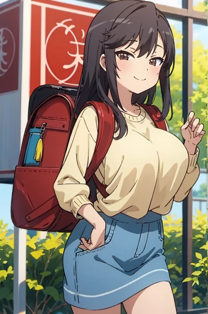 nonhotaru,looking_at_viewer,smile,nature,shirt,skirt,backpack,randoseru,sweater,big breasts