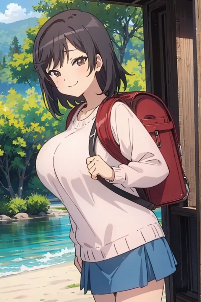 nonhotaru,looking_at_viewer,smile,nature,shirt,skirt,backpack,randoseru,sweater,big breasts