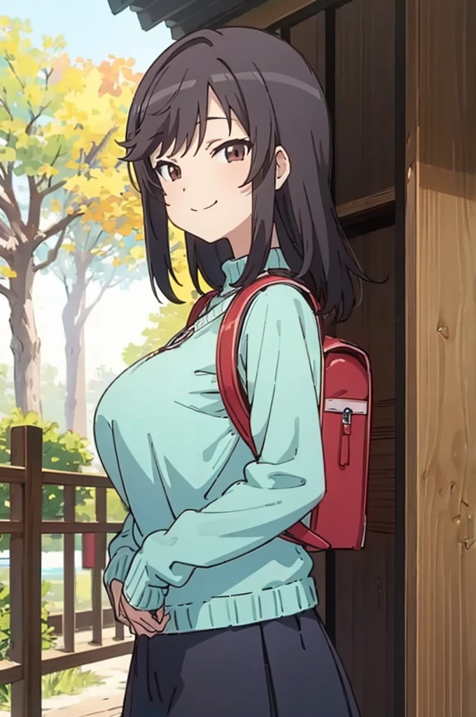 nonhotaru,looking_at_viewer,smile,nature,shirt,skirt,backpack,randoseru,sweater,big breasts