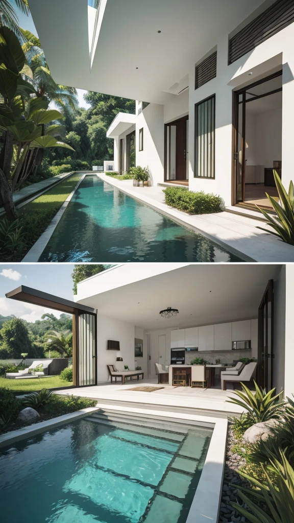ultrarealistic rendering of ((modern)) villa by the stream, 2-floor-villa, (neoclassic style) villa, white painted wall villa, (natural stream) flow tenderly, jungle background