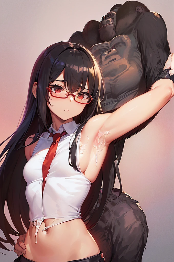 masterpiece, best quality,anime style, 1 girl,(((slender body))), (((small breast))),(((hot pants, white tanktop,red tie,glasses))),(((((a gorilla man grabbing the girl))))), ((((restrained, arms behind back)))),((((cum)))), (beautiful face), (((long hair))), (((straight hair))), ((((silver hair)))),detailed beautiful skin, (perfect hands, perfect anatomy)