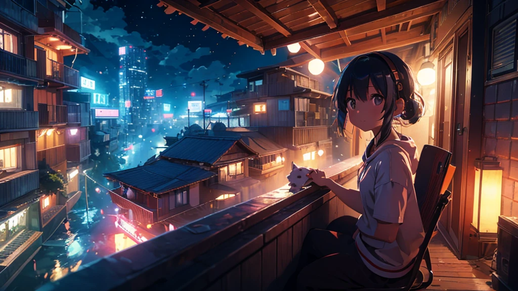 Girl sitting on balcony , Feel the view outside、look  , Focus on the night city  ,2D Game Art Styles ,Chinstill 50, Put headphones on your ears , Sing a song  , at night, Colorful animation skills, A dog is sitting next to a girl