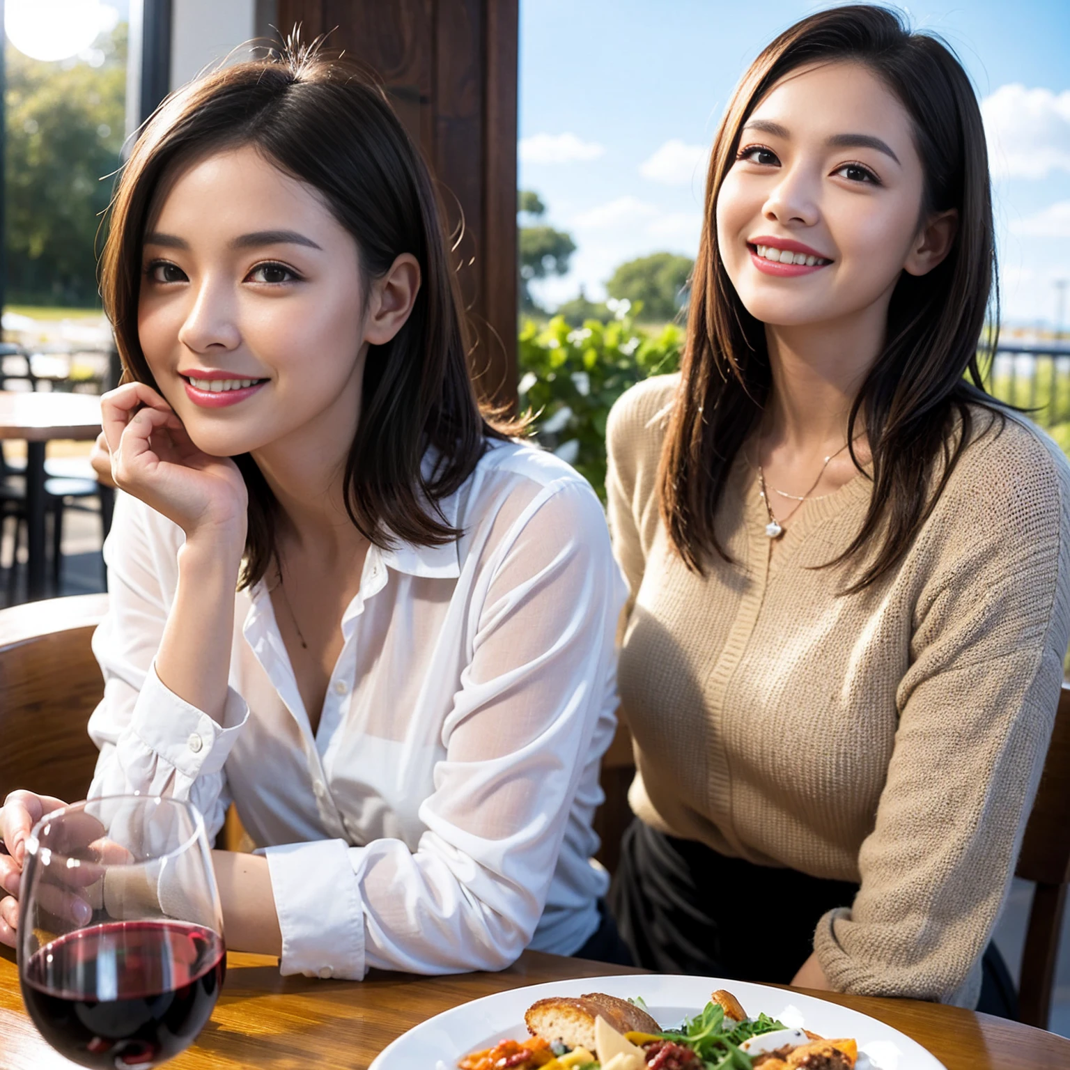 ((Highest quality、8K、masterpiece:1.3))、slimカップル、modelカップル、(Realistic, Intricate details:1.2), full-course dinner、Wine Party、Amazing view of the sunset sky and clouds、A bright smile、The wonderfulness of smile、Bright image、The beauty of wine, Beautiful Face, blue eyes, The light shines on your face, Blushing, short hair,Bright Face、 (Age 37), 39 years old, red wine 、Appetizers、Italian food、Wine bottle、Champagne、sparkling wine、Two beauties、Brown Hair、Shortcuts、Long sleeve shirt、dress、Beautiful woman 1, (slimな顔), (The body is slim), (Brown Hair), (Shortcuts), cheeks turn a little red,Attractive beauty、restaurant, In a prominent place (From the waist up) Nova Frog Style, actress, model, Upper Body, White wine, slim, wine glass, 中央に置かれたwine glass, smile, (smile: 1.15), Beautiful fine grain, Depth f/2,saturation, High Contrast, Strong light and shadow,Moist Body:1.5、3D texture、Delicate eyes、Brown Hair、The hair is very shiny、