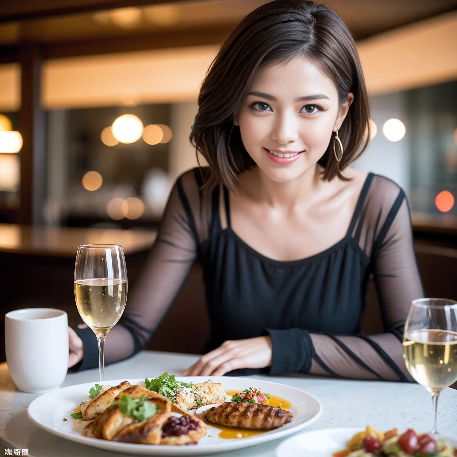 ((Highest quality、8K、masterpiece:1.3))、slimカップル、modelカップル、(Realistic, Intricate details:1.2), full-course dinner、Wine Party、Amazing view of the sunset sky and clouds、A bright smile、The wonderfulness of smile、Bright image、The beauty of wine, Beautiful Face, blue eyes, The light shines on your face, Blushing, short hair,Bright Face、 (Age 37), 39 years old, red wine 、Appetizers、Italian food、Wine bottle、Champagne、sparkling wine、Two beauties、Brown Hair、Shortcuts、Long sleeve shirt、dress、Beautiful woman 1, (slimな顔), (The body is slim), (Brown Hair), (Shortcuts), cheeks turn a little red,Attractive beauty、restaurant, In a prominent place (From the waist up) Nova Frog Style, actress, model, Upper Body, White wine, slim, wine glass, 中央に置かれたwine glass, smile, (smile: 1.15), Beautiful fine grain, Depth f/2,saturation, High Contrast, Strong light and shadow,Moist Body:1.5、3D texture、Delicate eyes、Brown Hair、The hair is very shiny、