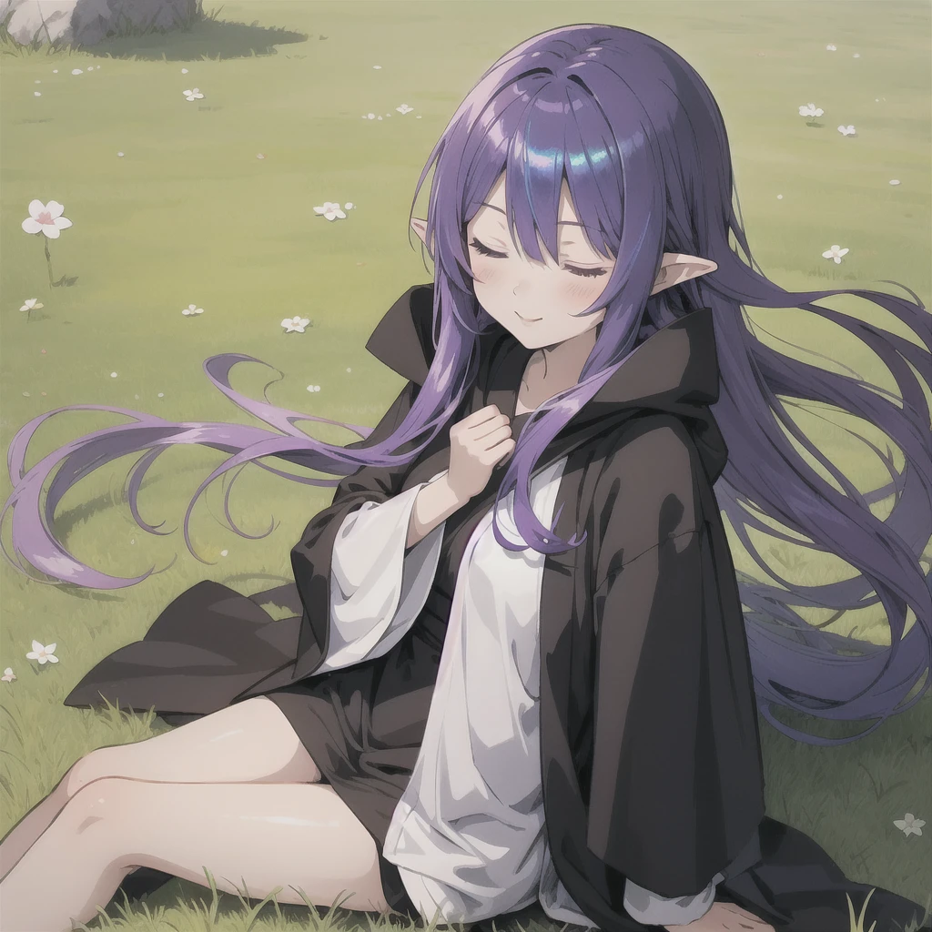 anime girl long purple hair wearing a black Robe. she has pointy ears. Manga kawaii. iridescent ,An illustration, 0ne person .Sitting in the grass, hair blowing in the wind, Eyes closed