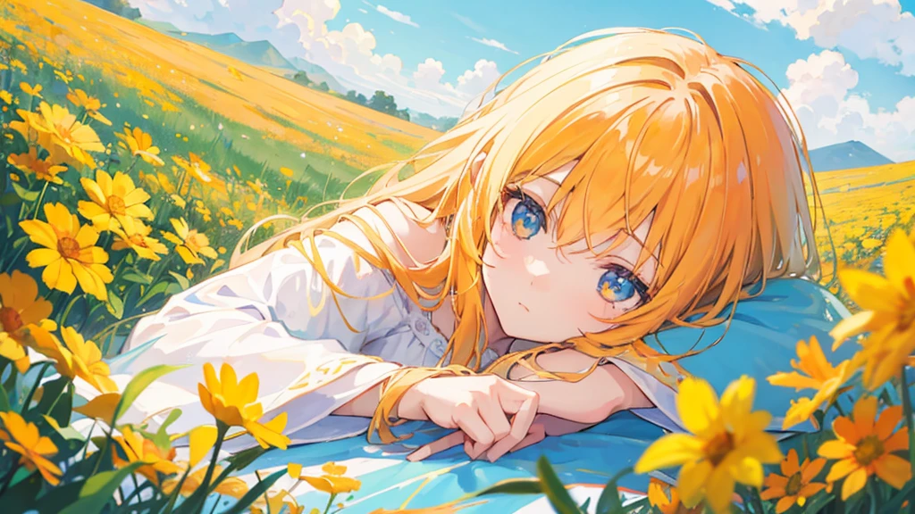 A girl with long hair is reclining in a field of vibrant orange and yellow flowers. She's leaning against a hill, her head resting on her hand as she gazes into the distance. The sky above is a clear blue, dotted with fluffy white clouds. The image features soft pastel colors and a calming, almost dreamlike atmosphere.anime.#Makoto Shinkai's Style