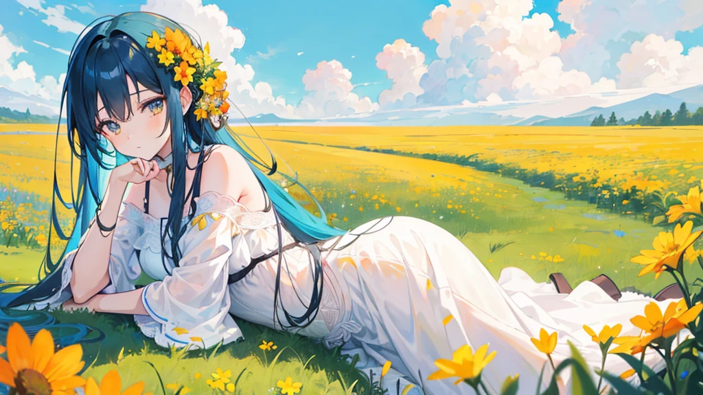 A girl with long hair is reclining in a field of vibrant orange and yellow flowers. She's leaning against a hill, her head resting on her hand as she gazes into the distance. The sky above is a clear blue, dotted with fluffy white clouds. The image features soft pastel colors and a calming, almost dreamlike atmosphere.anime.#Makoto Shinkai's Style