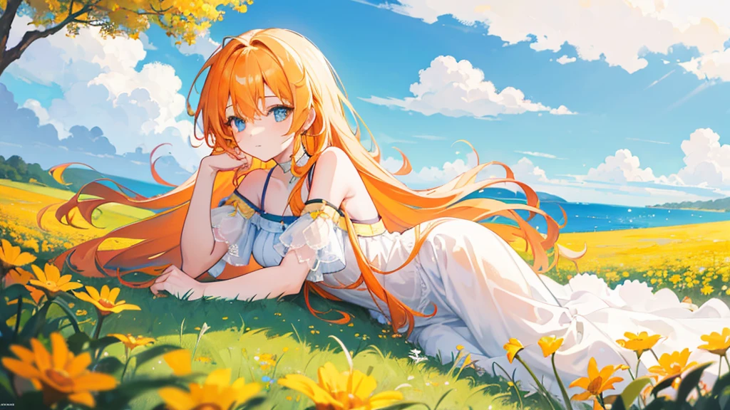 A girl with long hair is reclining in a field of vibrant orange and yellow flowers. She's leaning against a hill, her head resting on her hand as she gazes into the distance. The sky above is a clear blue, dotted with fluffy white clouds. The image features soft pastel colors and a calming, almost dreamlike atmosphere.anime.#Makoto Shinkai's Style