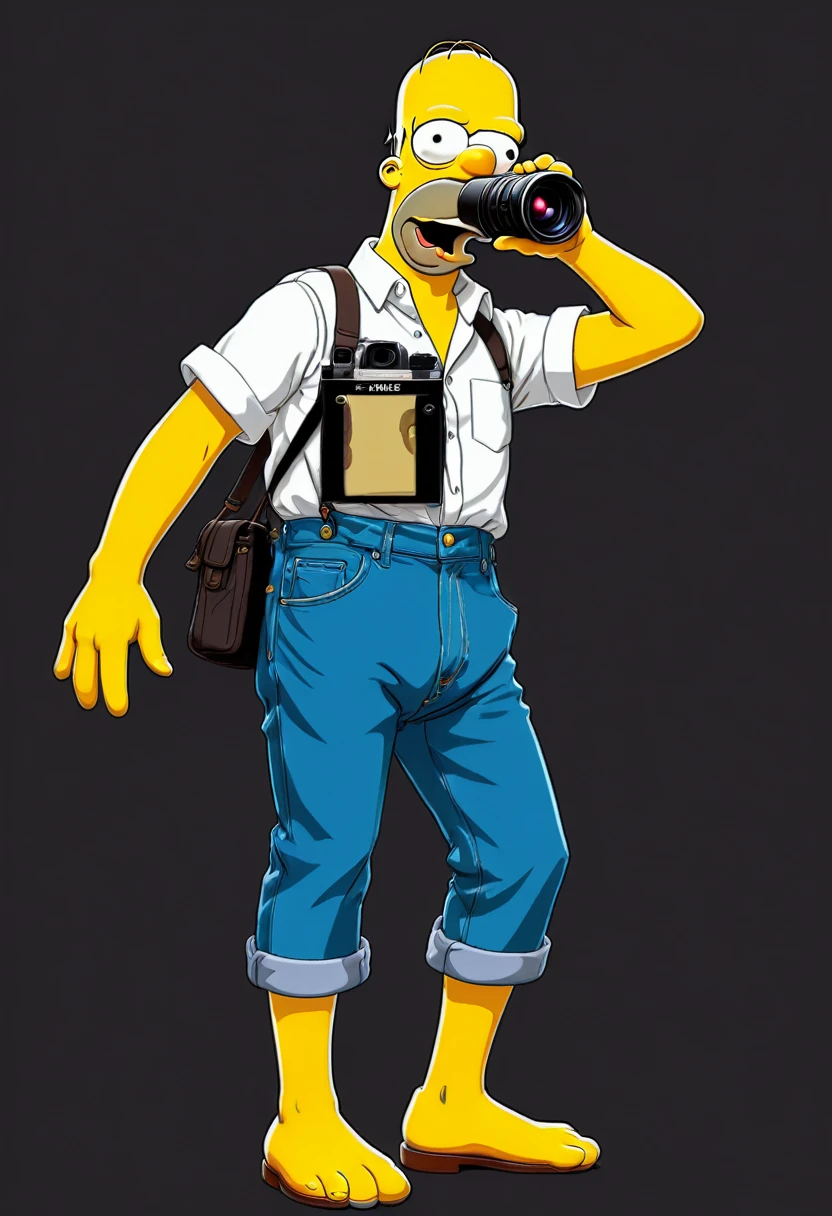 2D, Homer Simpson, shote shirt, blue pants, holding a photo camera, frontal view, full posture, solid black background