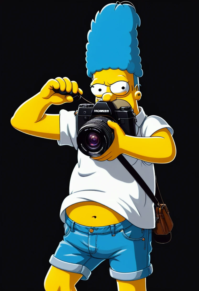 2D, Homer Simpson, shote shirt, blue pants, holding a photo camera, frontal view, full posture, solid black background