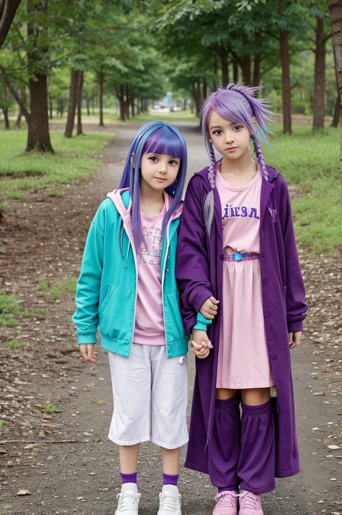 Anime girl with purple hair and pink eyes wearing pink clothes. She is 12 years old holding the hand of her friend with blue hair and turquoise eyes. She wears the same clothes as her friend but in green.