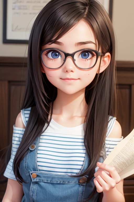 Cute young girl, wearing glasses, shoulder length hair, holding a notes