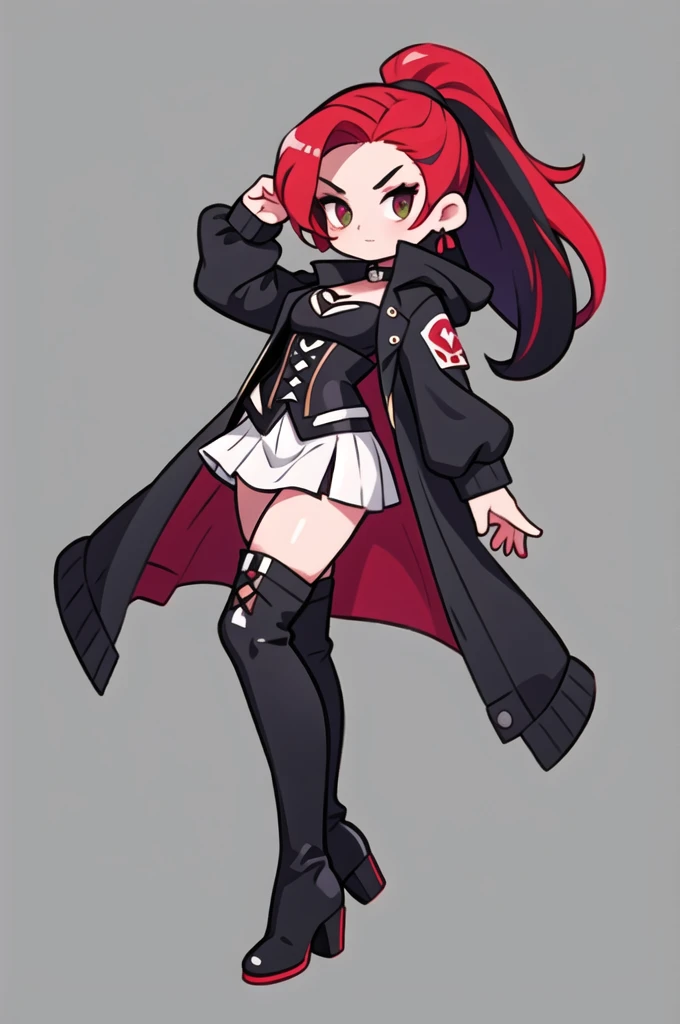 Rogue human woman, with red hair and black streaks, long high ponytail, white corset, black mini skirt, black thigh high boots, black jacket, with a dagger