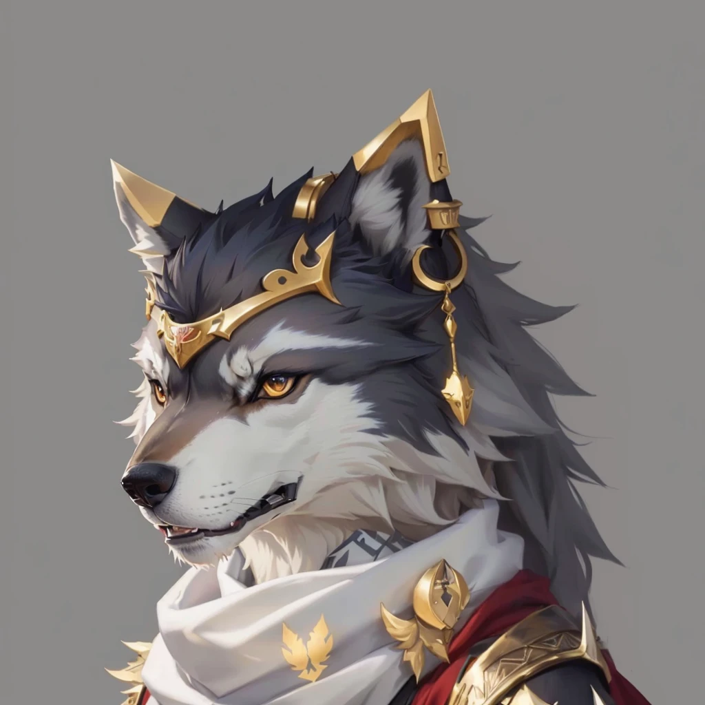 Anime style wolf image,Wearing a crown and scarf, Anthropomorphic wolf male, female Anthropomorphic wolf, an Anthropomorphic wolf, Anthropomorphic wolf脸, Anthropomorphic wolf, Anthropomorphic portraits, Furry character portrait, Concept Avatar Art, fantasy wolf portrait, Anthropomorphic wolves, Wolf Armor, Husky in shining armor