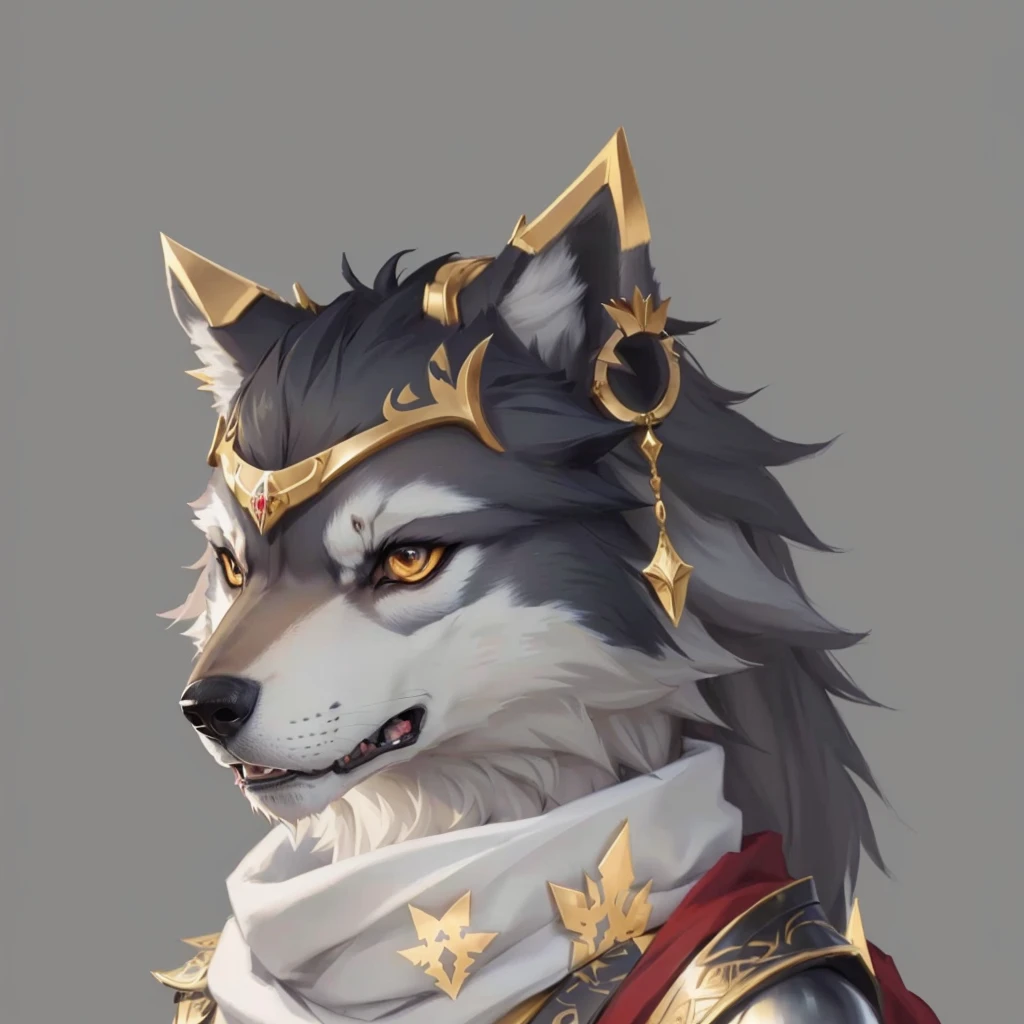 Anime style wolf image，Wearing a crown and scarf, Anthropomorphic wolf male, female Anthropomorphic wolf, an Anthropomorphic wolf, Anthropomorphic wolf脸, Anthropomorphic wolf, Anthropomorphic portraits, Furry character portrait, Concept Avatar Art, fantasy wolf portrait, Anthropomorphic wolves, Wolf Armor, Husky in shining armor