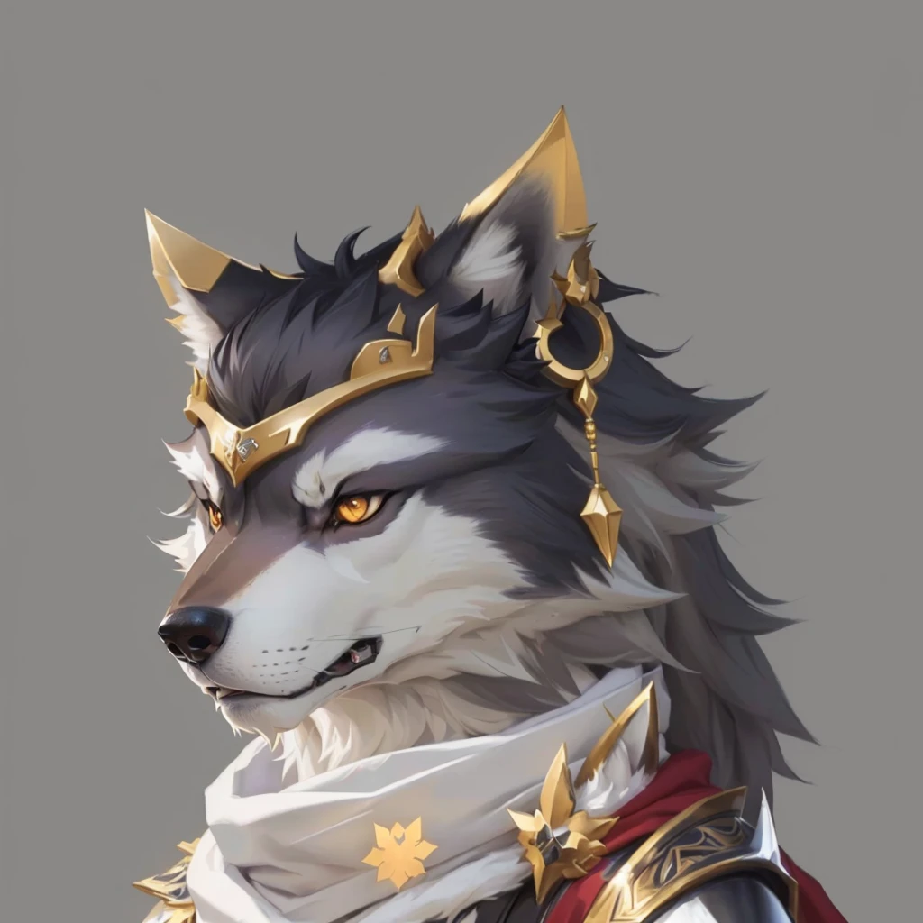 Anime style wolf image,Wearing a crown and scarf, Anthropomorphic wolf male, female Anthropomorphic wolf, an Anthropomorphic wolf, Anthropomorphic wolf脸, Anthropomorphic wolf, Anthropomorphic portraits, Furry character portrait, Concept Avatar Art, fantasy wolf portrait, Anthropomorphic wolves, Wolf Armor, Husky in shining armor