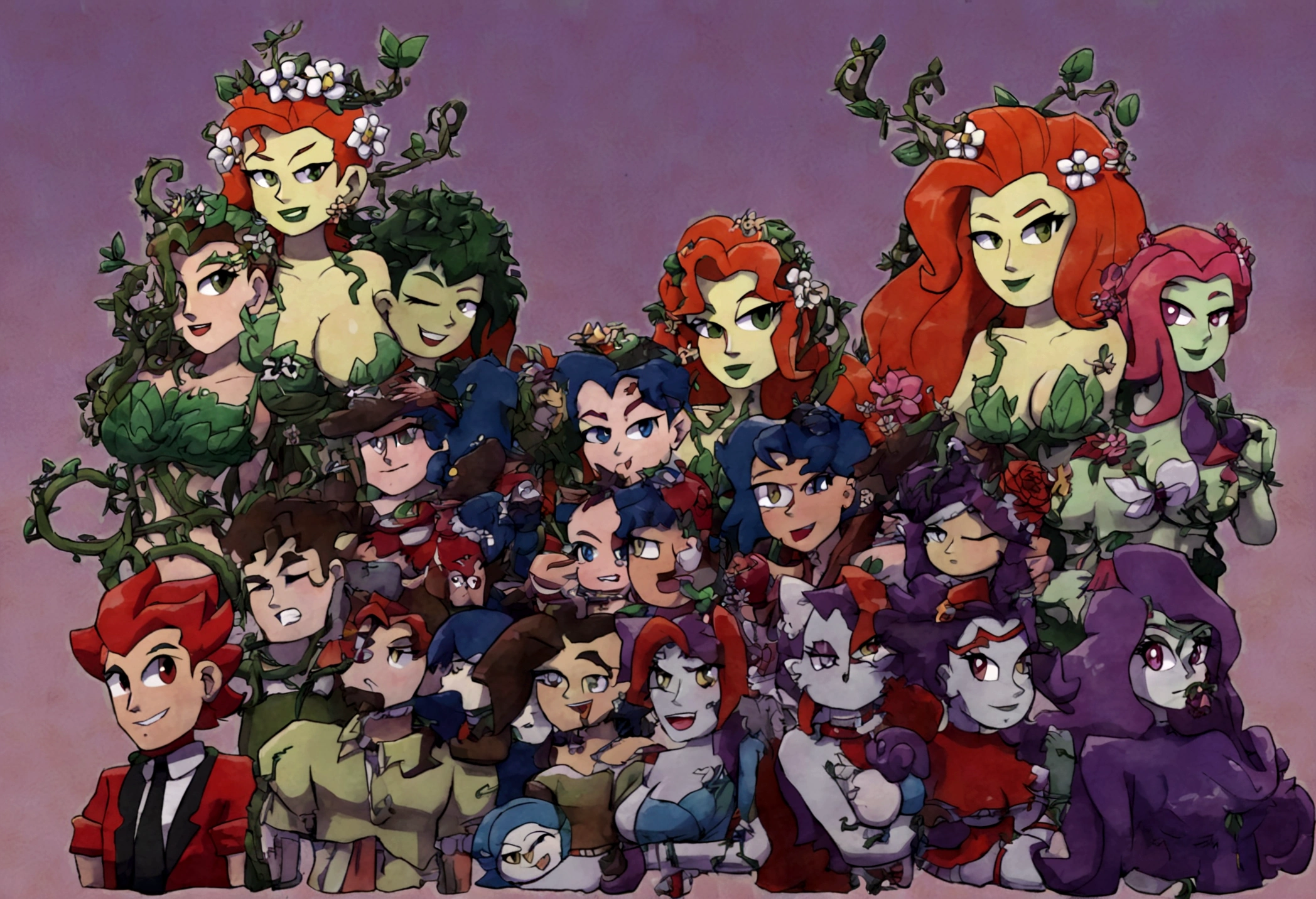 (street Fighter 2 16 bit game) DC character 'poison ivy' has animated plant (thorn,vine,flower) beasts to demolish a horde of zombie (rotten people) emerging from a swap, moonlit swamp, show the epic battle of plants vs. zombies, (bonus round destroy as many zombies as you can with Poison Ivy's plant lash attack)