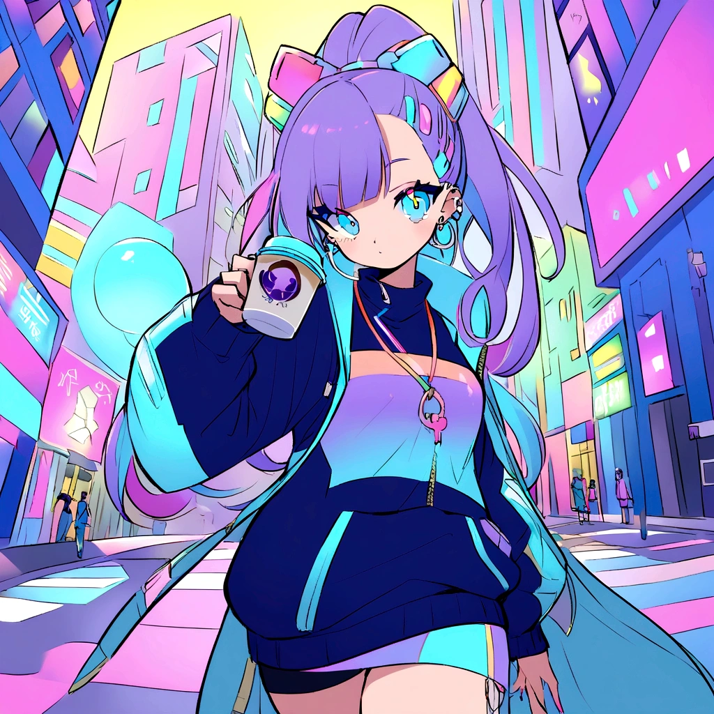 Futuristic anime cool hip-hop girl, long asymmetrical purple hair with blue tips, blue eyes, wearing a high-tech big hip-hop cloth with LED accents, cyberpunk LED accessories. Confident Posing as hip-hop and grab coffee.  The bubblegum candy world City of pastel colors. Busy chaos city.