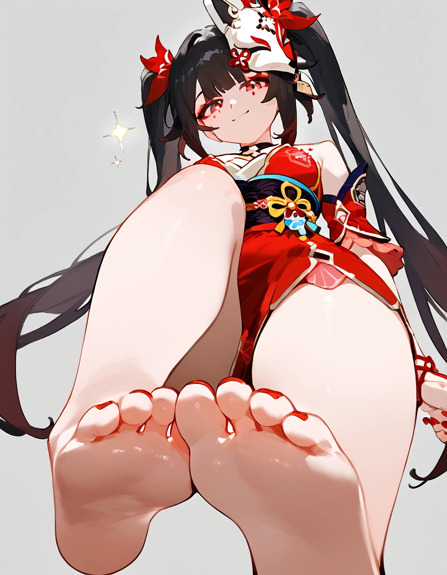 anime artwork, score_9, score_8_up, score_7_up, score_6_up, score_5_up, score_4_up,sparkle \(honkai: star rail\),1girl, twintails, black hair, medium breasts, red eyes, red eyeshadow, fox mask ,
, , , , she is 24 years old, , ,horny, , , , style_3, ,,, floox style, grey background,, standing, dutch angle, from below, deep skin, foot focus, foot on viewer, evil smile, naughty face