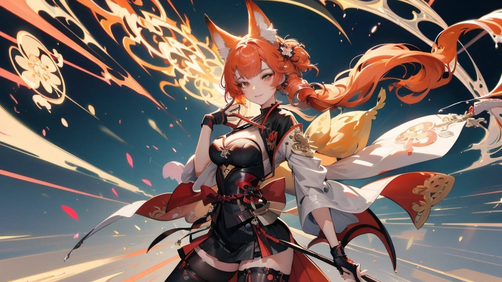 "1 person, Goddess, girl with orange hair and fox ear, red eyes, wearing red white orange kimono, Complex and gorgeous anime CGI style, , full-body fantasy of fire magic, Anime girl, guweiz style artwork, big breasts, smiling, tights, standing cross-legged, fox with her , ethereal fantasy, victorian era, fire elements, splash art, side view,solo (full HD 4K+ image)"