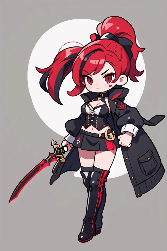 Rogue human woman, with red hair and black streaks, long high ponytail, white corset, black mini skirt, black thigh high boots, black jacket, with a dagger