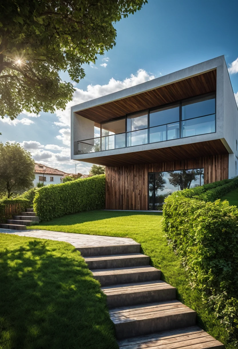 villa01, outdoors, sky, day, tree, no humans, window, watermark, grass, plant, building, scenery, stairs, fence, house, dvArchModern, 85mm, f1.8, portrait, photo realistic, hyperrealistic, orante, super detailed, intricate, dramatic, sunlight lighting, shadows, high dynamic range, house, masterpiece,best quality,(8k, RAW photo:1.2),(( ultra realistic)), modernvilla, blackandwhite, trees, vine, architecture, building, cloud, vivid colour, masterpiece,best quality,super detailed,realistic,photorealistic, 8k, sharp focus, a photo of a building, wood,
