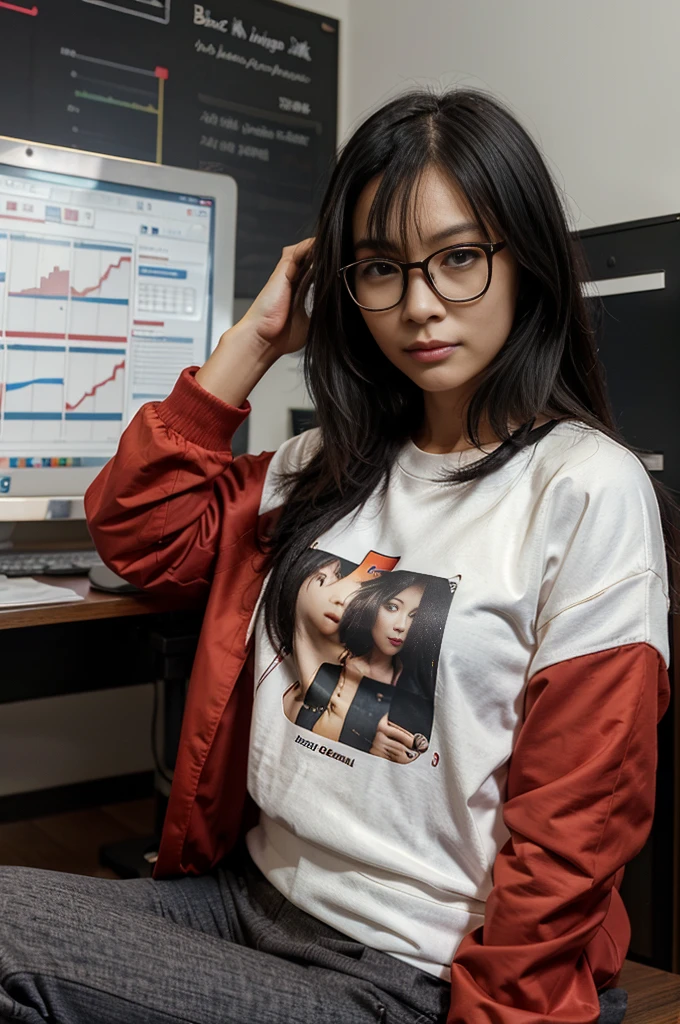 Asian , Singaporean,27 years , black , medium length hair, round glasses , casual clothing , red jacket, sits against the background of an office space and charts,Opposite MacBook,Realism,эпик Realism